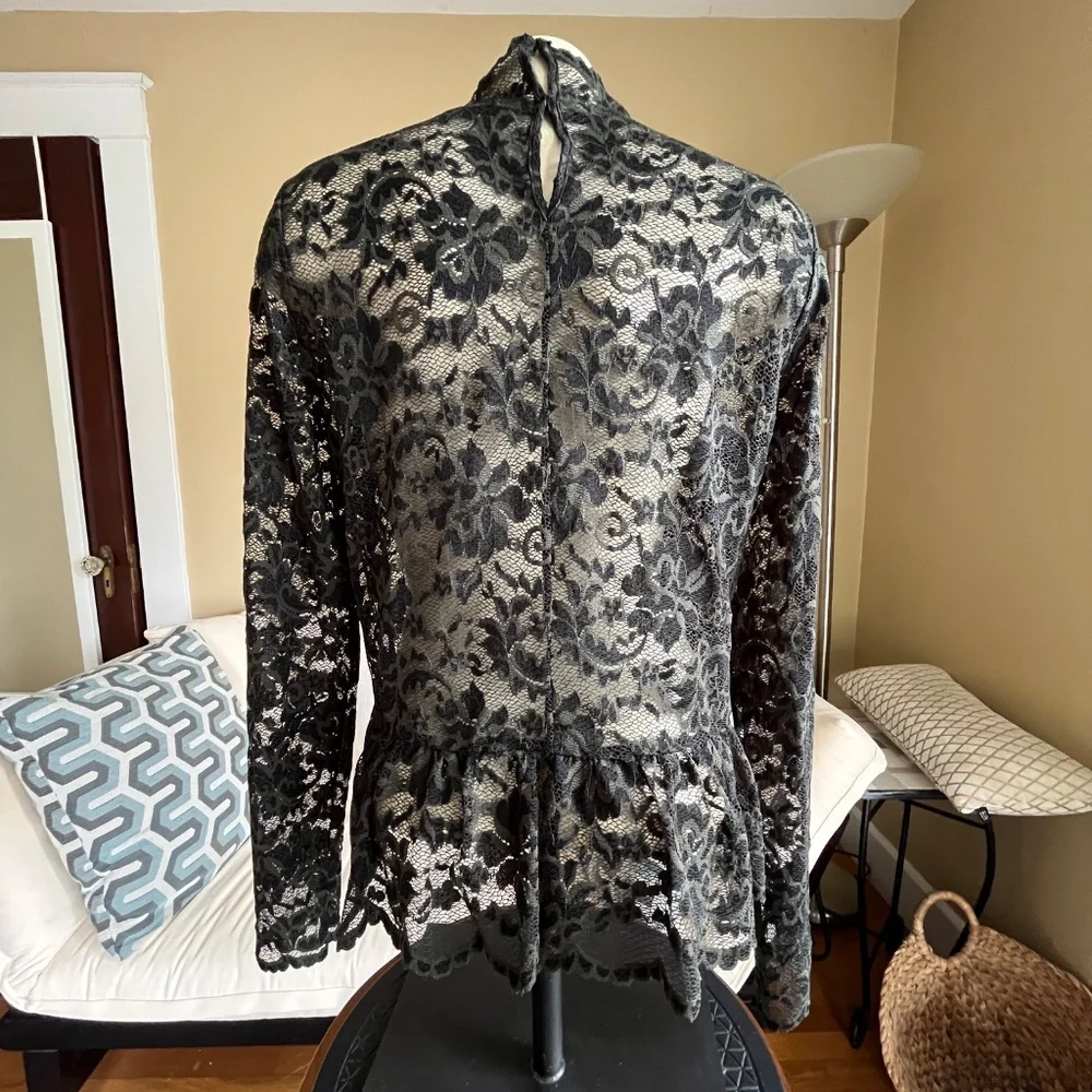 GANNI Flynn Lace Peplum Floral Design Blouse Green/Black - Picture 2 of 6